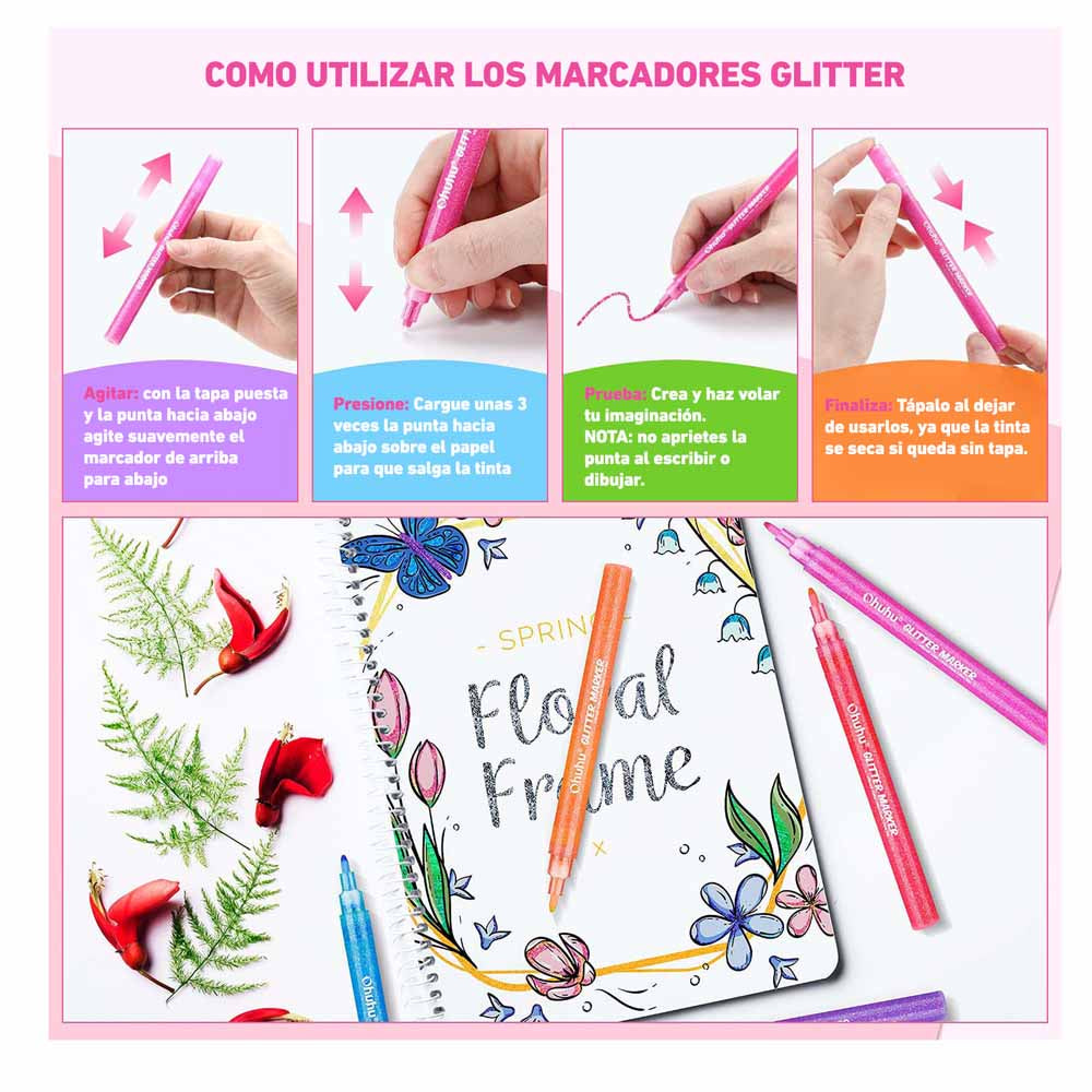 12 MARCADORES GLITTER METÁLICOS CON PURPURINA "OHUHU"