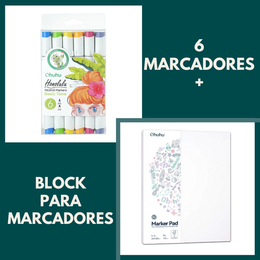 PACK 6 MARCADORES DOBLE PUNTA OHUHU + BLOCK PARA MARCADORES 60 HOJAS