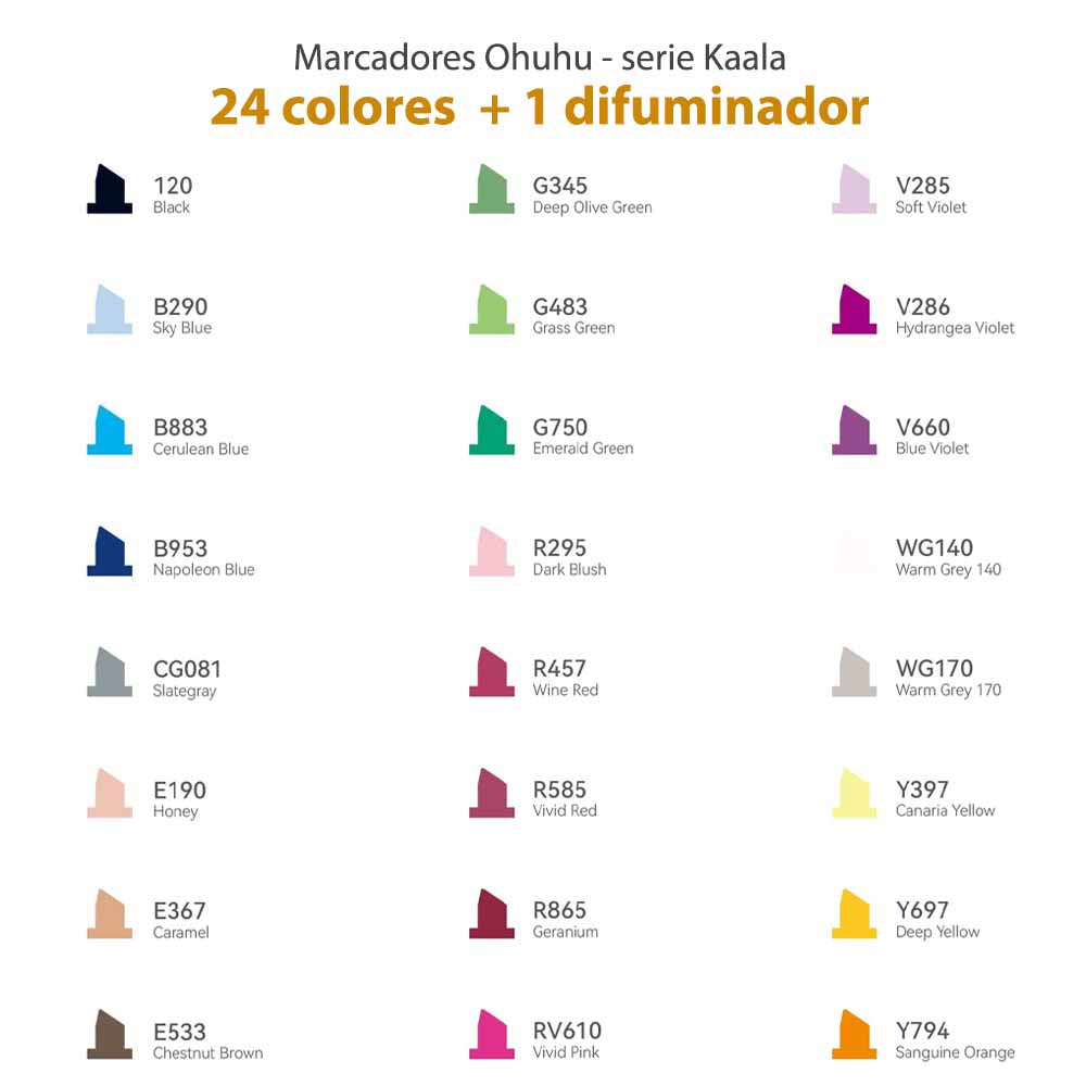 24 MARCADORES COLORES DE ALCOHOL + 1 BLENDER. FINA&BISELADA DELGADO "OHUHU"