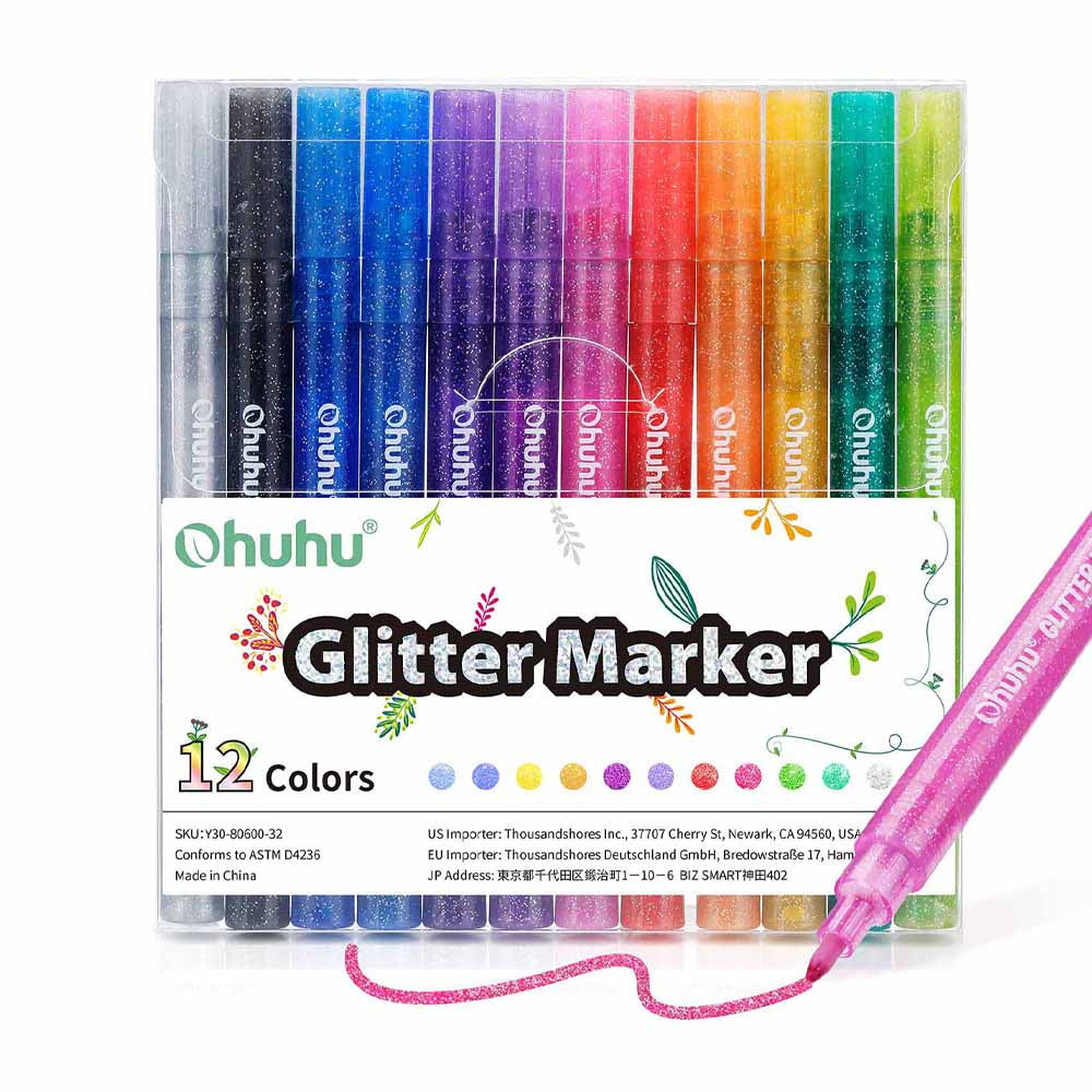 12 MARCADORES GLITTER METÁLICOS CON PURPURINA "OHUHU"