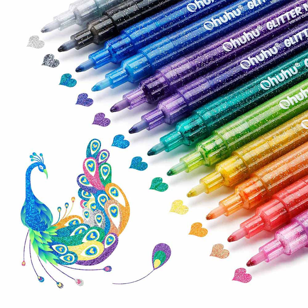 12 MARCADORES GLITTER METÁLICOS CON PURPURINA "OHUHU"