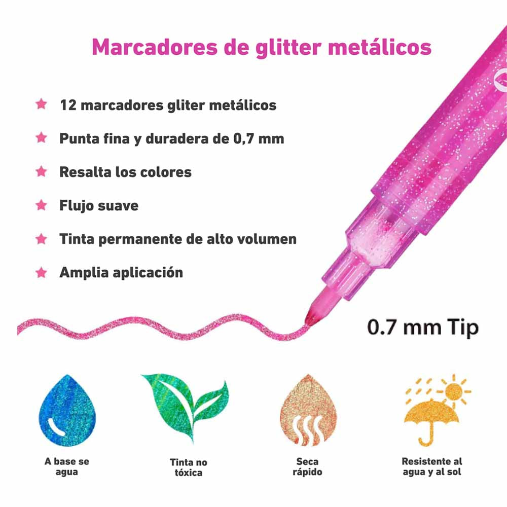 12 MARCADORES GLITTER METÁLICOS CON PURPURINA "OHUHU"